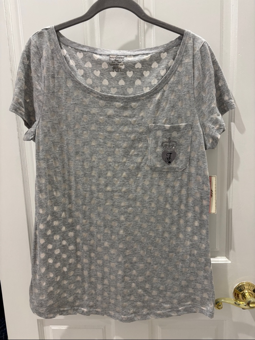 Juicy Couture Light Gray See Through Heart-Print Scoop Neck Pocket Tee